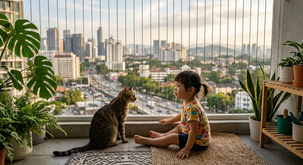 Baby and cat sitting together safely behind invisible balcony grill on balcony