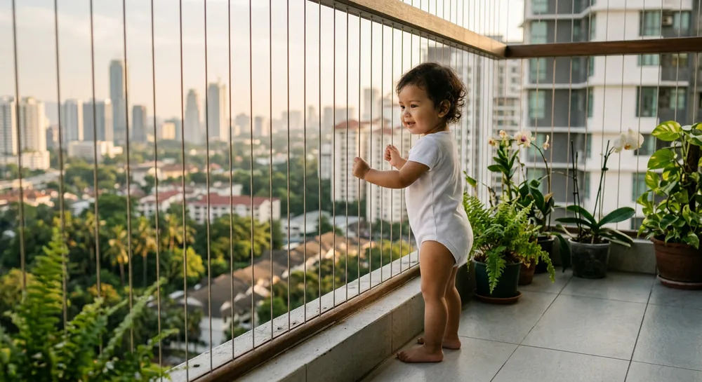 Toddler safely behind invisible balcony grill on balcony