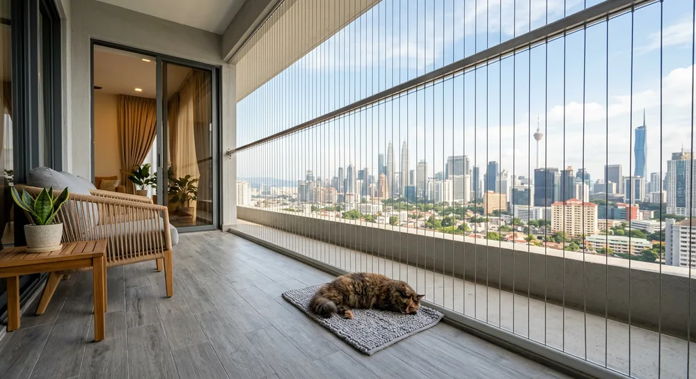 Cat safe on balcony with invisible balcony grill installed