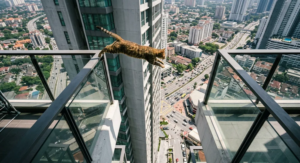 Cat jumping across high-rise balcony without invisible balcony grill — dangerous leap between buildings