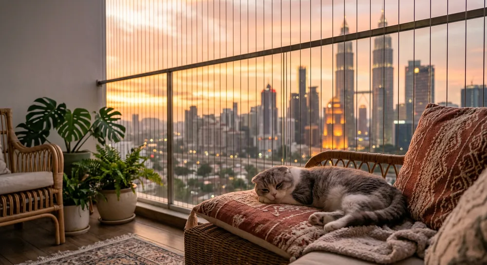 Cat relaxing on balcony at sunset with invisible balcony grill