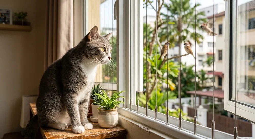 Cat sitting by window with invisible balcony grill installed