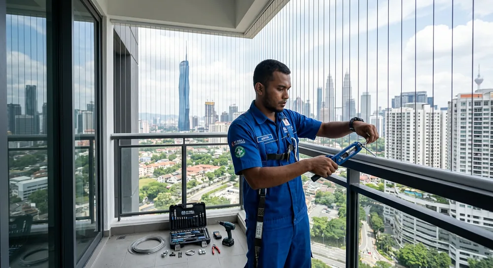 Professional invisible balcony grill installer at work
