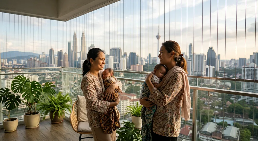 Mother with baby on safe balcony with invisible balcony grill