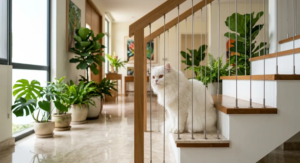 White cat behind invisible balcony grill on staircase