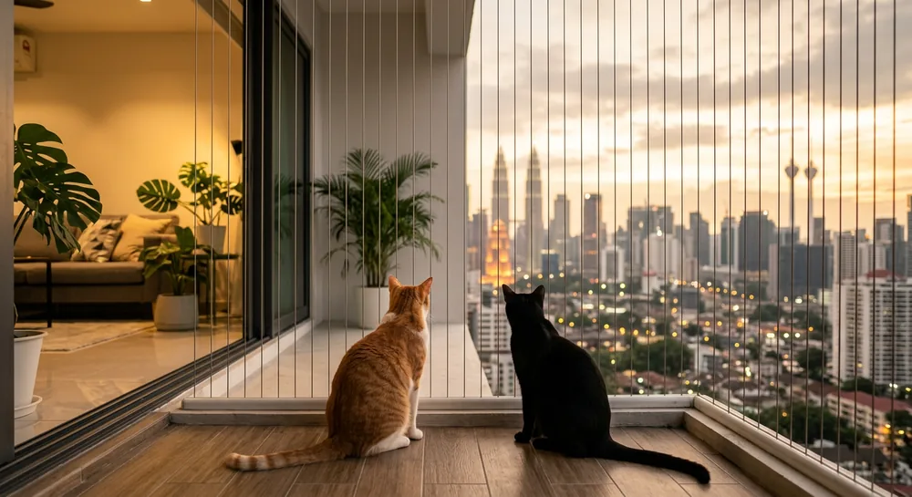 Two cats on condo balcony with invisible balcony grill and Petronas Towers