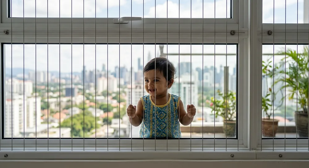 Baby safely behind invisible balcony grill on window